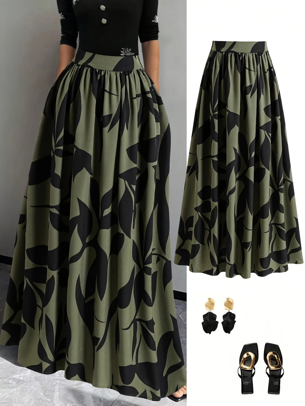 Women'S Leaf Print Maxi Skirt High Waist A-Line Flared Long Skirt with Pockets Casual Loose Floor Length Skirt for Daily Office Vacation - Mixed colors