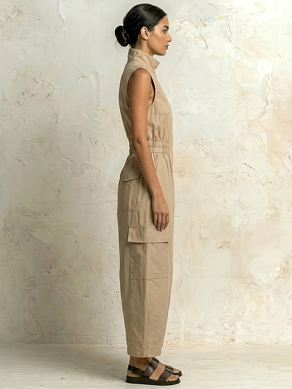 Women's Casual Workwear Style Light Khaki Stand-Up Collar Zippered Waist-Tie Multi-Pocket Design Sleeveless Jumpsuit for Spring/Summer, Suitable for Daily Wear, Vacation, and Travel, Simple, Comfortable, and Versatile for  Styling - Khaki