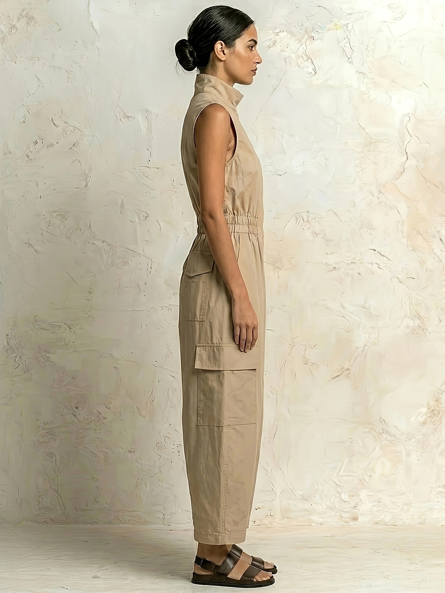 Women's Casual Workwear Style Light Khaki Stand-Up Collar Zippered Waist-Tie Multi-Pocket Design Sleeveless Jumpsuit for Spring/Summer, Suitable for Daily Wear, Vacation, and Travel, Simple, Comfortable, and Versatile for  Styling - Khaki