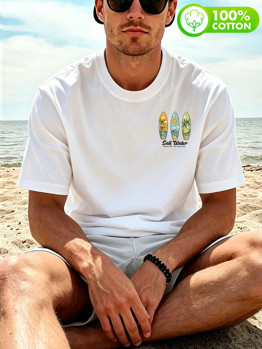 Men'S 100% T-Shirt, "Salt Water" Vintage Surfboard Front And Back Print Design, Casual Trendy Street Sport Short Sleeve T-Shirt Summer New Style, Round Neck Short Sleeve Summer Top, Casual Street Style, Suitable for Summer Daily Outdoor Wear - White