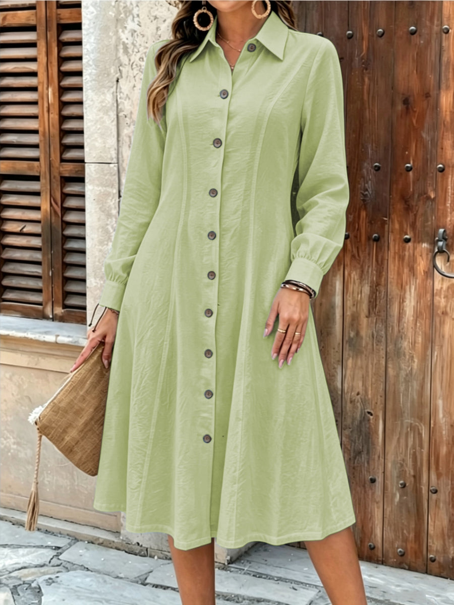 Women'S Elegant Solid Color Long Sleeve Dress, Fashionable Button-Detail Waist-Cinching Mid-Length Dress - Matcha Color