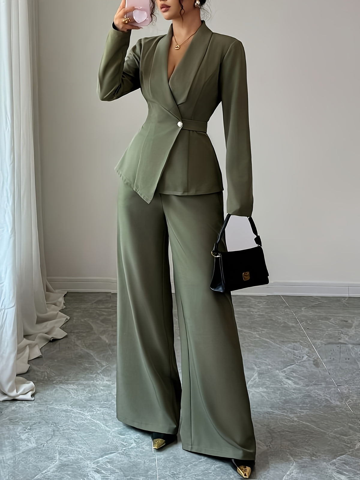 Women's Elegant Lapel V-Neck Long Sleeve Unique Design Belted Button-Up High-End Blazer and Straight-Leg Wide-Leg Pants 2pcs Set, Autumn Commuter Outfit for Women - Olive Green