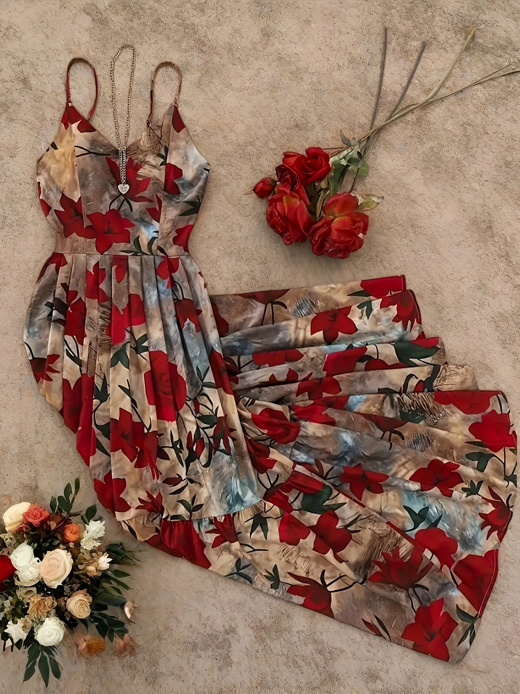 Women's Elegant Floral evening Dress - Formal Party, Wedding, Gala - Sleeveless A-Line Gown with Spaghetti Strap - Red Roses on Beige - Machine Washable Formal Attire, Wedding Guest Attire, Decorative Floral Print - Red