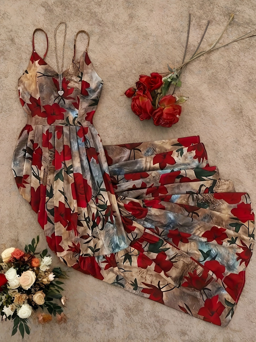 Women's Elegant Floral evening Dress - Formal Party, Wedding, Gala - Sleeveless A-Line Gown with Spaghetti Strap - Red Roses on Beige - Machine Washable Formal Attire, Wedding Guest Attire, Decorative Floral Print - Red