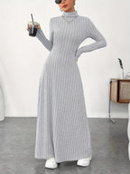 Women'S Dress, Casual Solid Color Long Sleeve Dress Long Skirt - Grey