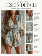 [Vacation] Floral Line Print Jumpsuit, Elastic High-Waist Design, Loose Style, Deep V-Neck Lantern Sleeve Dress - Apricot