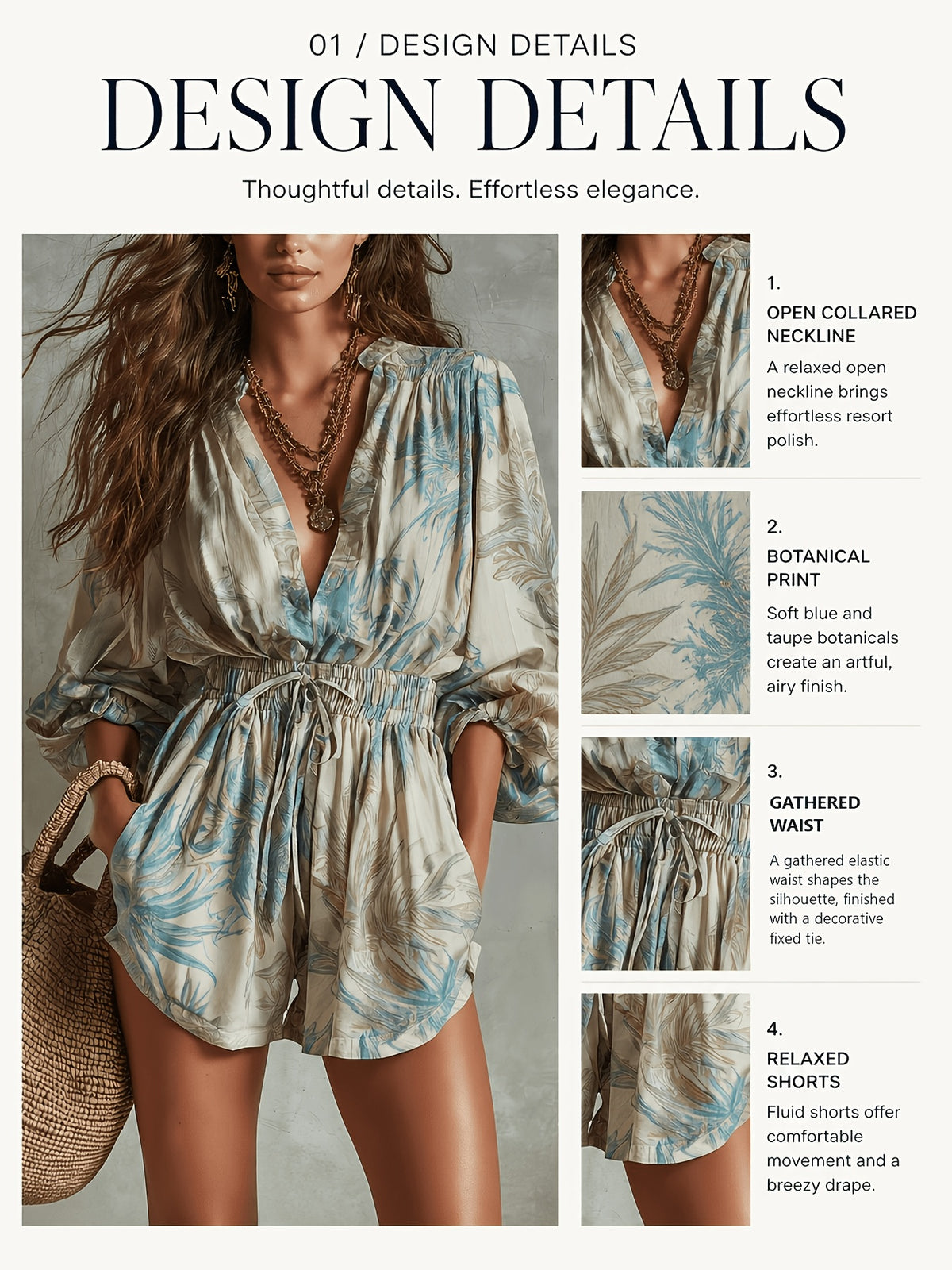 [Vacation] Floral Line Print Jumpsuit, Elastic High-Waist Design, Loose Style, Deep V-Neck Lantern Sleeve Dress - Apricot