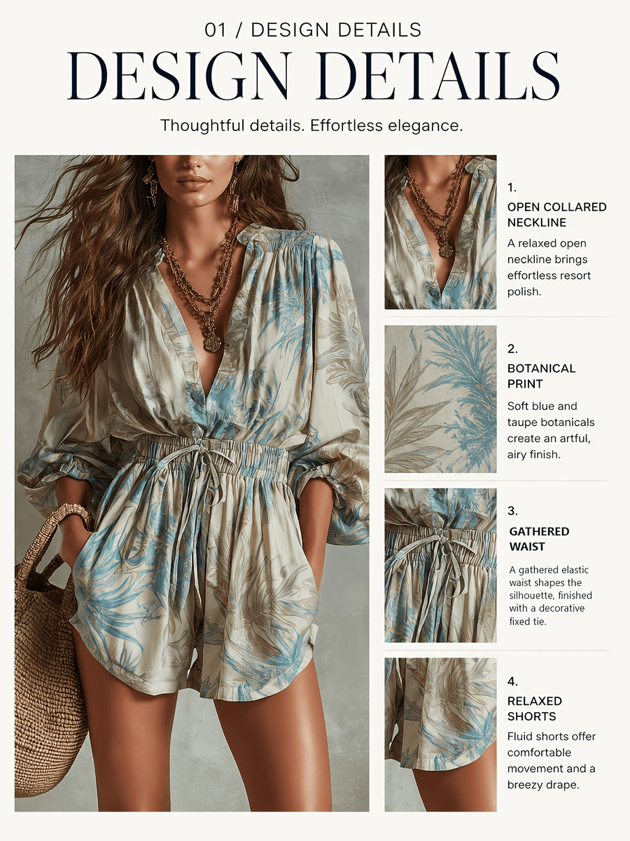 [Vacation] Floral Line Print Jumpsuit, Elastic High-Waist Design, Loose Style, Deep V-Neck Lantern Sleeve Dress - Apricot