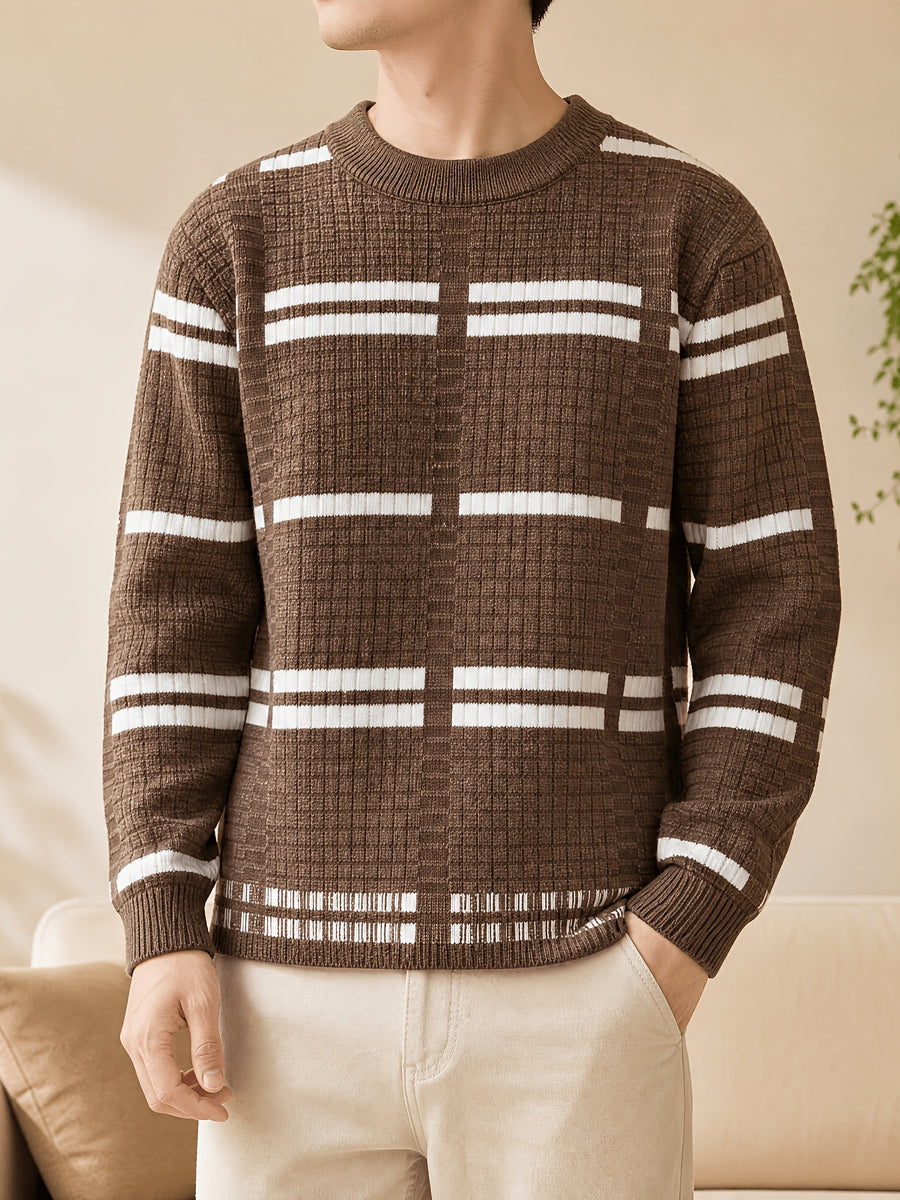 1pc Du Jing Lan OBM Men's Knit Sweater - Old Money Style Contrast Color Striped Crew Neck Sweater, Business Casual Striped Pullover Suitable for Layering, Golf, Basketball, Outdoor & Daily Wear, Belt-Free Warm Sweater for Spring/Autumn/Winter - Coffee Color