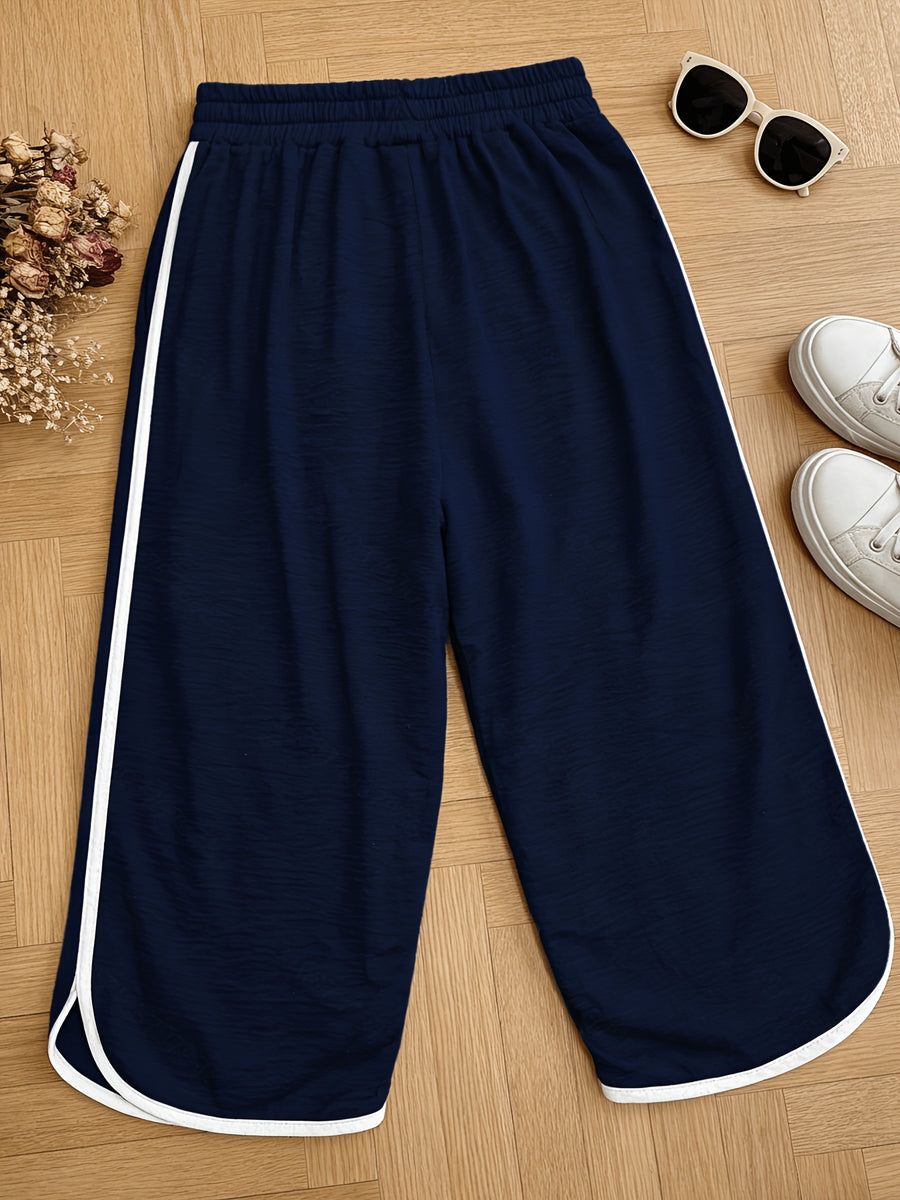 Women'S Pants, Easy Lazy Style American Retro Capri Pants, Elastic Waist Drawstring Design, Loose Contrast Trim Capri Pants, Comfortable Home Casual Trousers - Navy Color