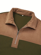 Men's Color-Block Design Casual Stand Collar Pullover - Ribbed Color-Block Patchwork, Thick and Warm Pullover, Stand Collar with Zipper Design, Suitable for Daily Casual Fashion, Simple and Versatile for Outings and Commuting, Long-Sleeve  Pullover - Olive