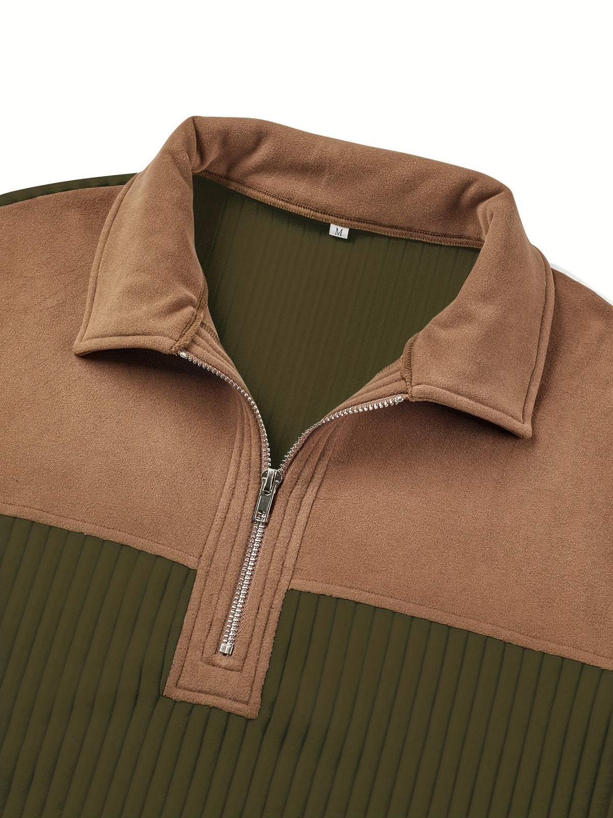 Men's Color-Block Design Casual Stand Collar Pullover - Ribbed Color-Block Patchwork, Thick and Warm Pullover, Stand Collar with Zipper Design, Suitable for Daily Casual Fashion, Simple and Versatile for Outings and Commuting, Long-Sleeve  Pullover - Olive