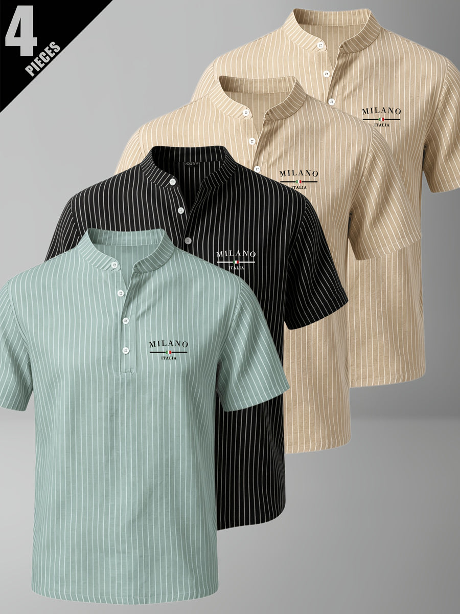 4pcs Men'S Summer Striped Linen Blend Henley Shirts, Milan Print Stand Collar Breathable Short Sleeve, Office Casual Versatile Top - Mixed Color 11