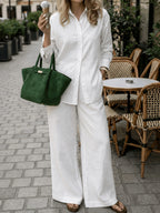 Old Money Style Women'S Pure Elegant Outfit, Suitable for Spring/Summer And Holidays | 2pcs Casual Set, Shirt And Wide-Leg Pants - White