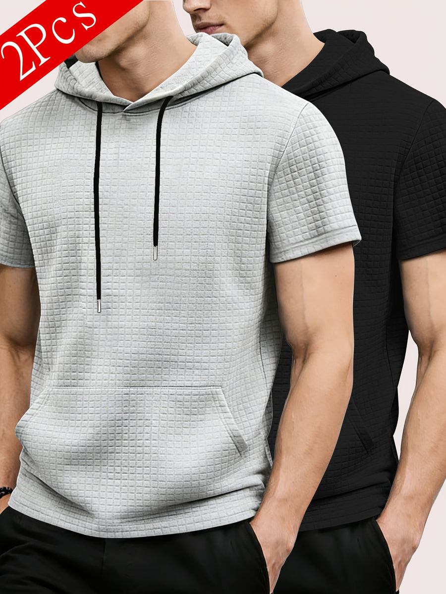 2pcs Men's Waffle Knit Short-Sleeve Hoodie with Kangaroo Pocket, Soft and Breathable Fabric, Multiple Color Options, Versatile, Simple, Stylish, and Casual for Daily Wear or Sports, a Great Choice for Holiday Gifts for Fathers, Partners, and Friends - Grey+Black