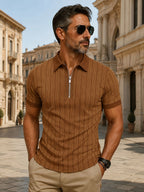 [Printed Design - Not Textured] Men's Short Sleeve Zip Polo Shirt, Brown Vertical Stripe Pattern, Digital Print, Contrast Polo Collar Zip Placket, Polyester, Casual, Daily Commuting, Summer - Mixed colors