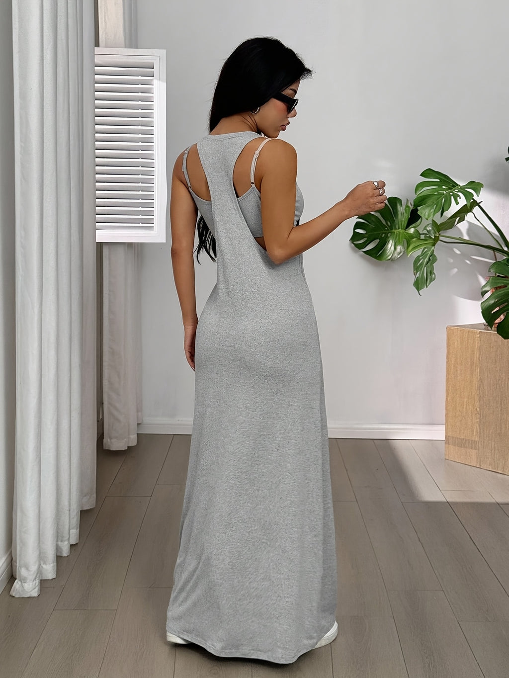 Women'S Solid Sleeveless Casual Dress And Built-In Camisole Summer Dress, 2pcs Dress Set - Grey