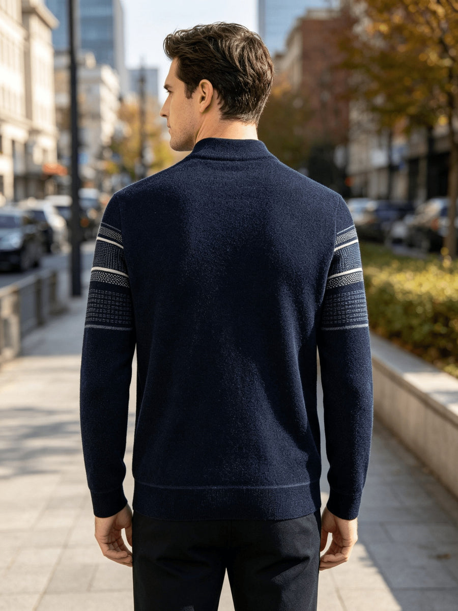 Winter New Men'S Fleece Thickened Semi-High Neck Jacquard Sweater Warm Comfortable All-In-One Plush Men'S Top Winter Cold-Proof - Navy Color