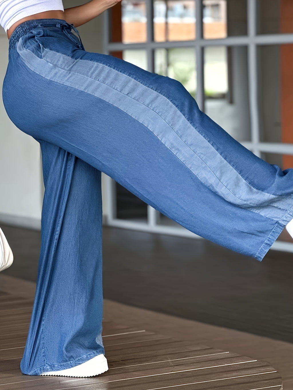 Women'S Summer Color-Block Wide-Leg Trousers, Elastic Waist Drawstring Casual Commuter Long Pants - Blue