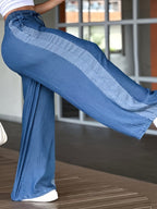 Women'S Summer Color-Block Wide-Leg Trousers, Elastic Waist Drawstring Casual Commuter Long Pants - Blue