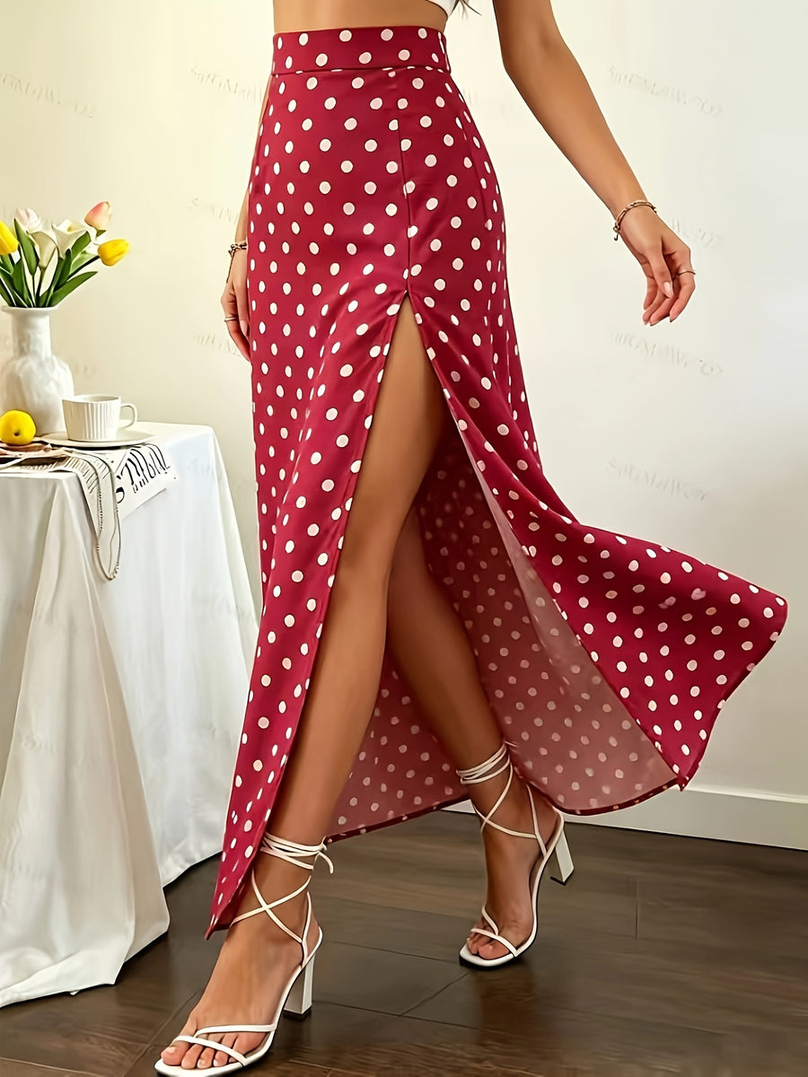 Women's New Summer Hong Kong Style Burgundy Polka Dot High-Waist Slit Satin Long Skirt, Suitable for Dating and Commuting - Red