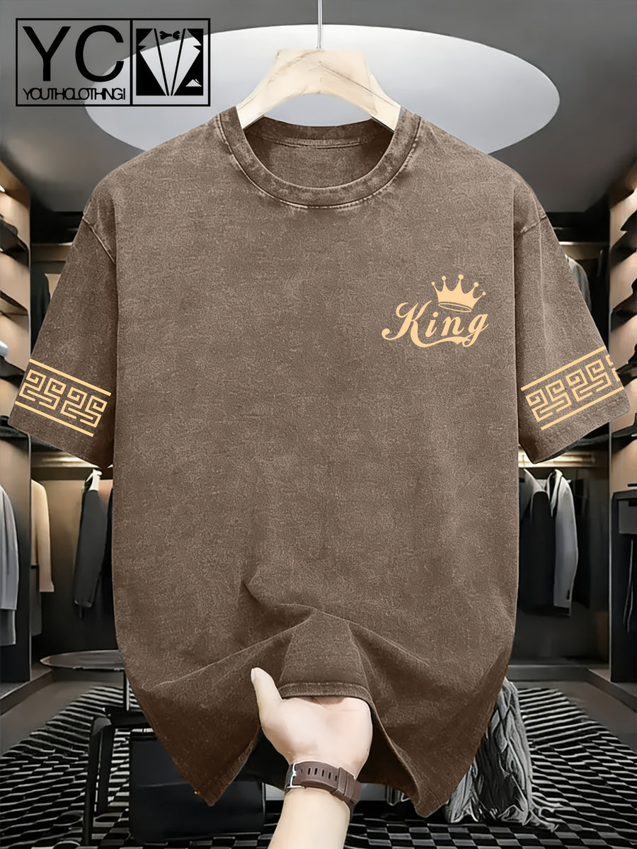 Men'S Short-Sleeve T-Shirt with Trendy Greek Key Pattern Print on Cuffs And Distressed Wash End; Machine-Washable, Loose-Fit Crewneck Top with Textured Washed Look - Coffee Color 2