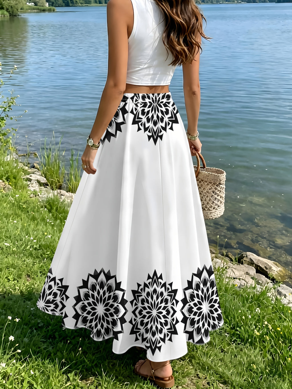 Black Golden Leaf Pattern Elegant Skirt, Summer Casual Vacation Style - Mixed colors