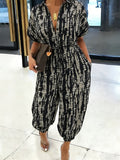 Summer Lapel Short-sleeve Printed Jumpsuit with Front Button Design, Comfortable to Wear, Elegant and Casual Overall for Women, Batwing Sleeve Design, Wide-leg Design with Front Tie, Suitable for Dates, Work, Vacations, Festivals, and Casual Wear - Mixed colors