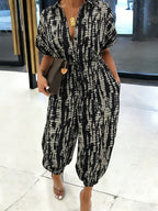 Summer Lapel Short-sleeve Printed Jumpsuit with Front Button Design, Comfortable to Wear, Elegant and Casual Overall for Women, Batwing Sleeve Design, Wide-leg Design with Front Tie, Suitable for Dates, Work, Vacations, Festivals, and Casual Wear - Mixed colors