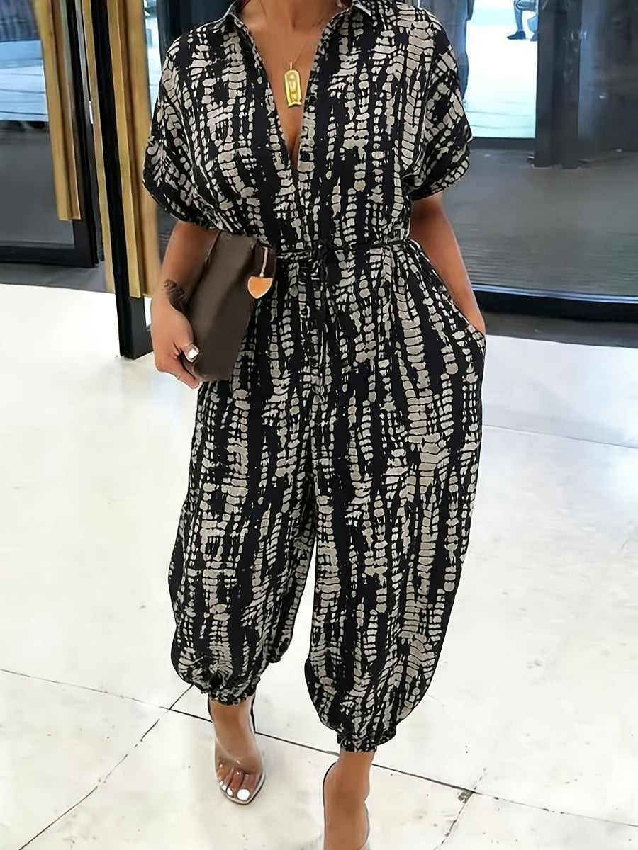 Summer Lapel Short-sleeve Printed Jumpsuit with Front Button Design, Comfortable to Wear, Elegant and Casual Overall for Women, Batwing Sleeve Design, Wide-leg Design with Front Tie, Suitable for Dates, Work, Vacations, Festivals, and Casual Wear - Mixed colors