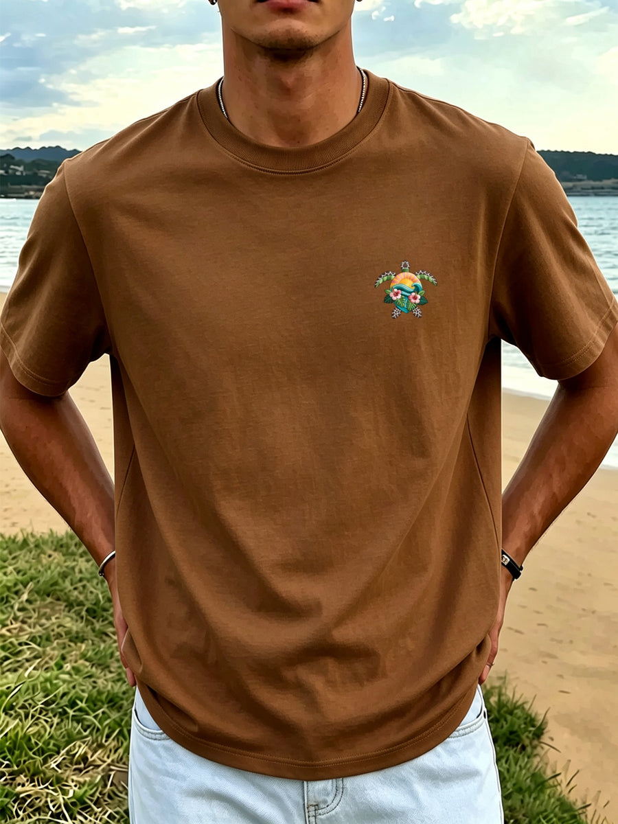 Men'S 100% Round Neck Short Sleeve T-Shirt with Turtle, Floral, And Wave Print, Comfortable, Soft, Breathable, Casual, Fashionable Summer Top - COFFEE COLOR