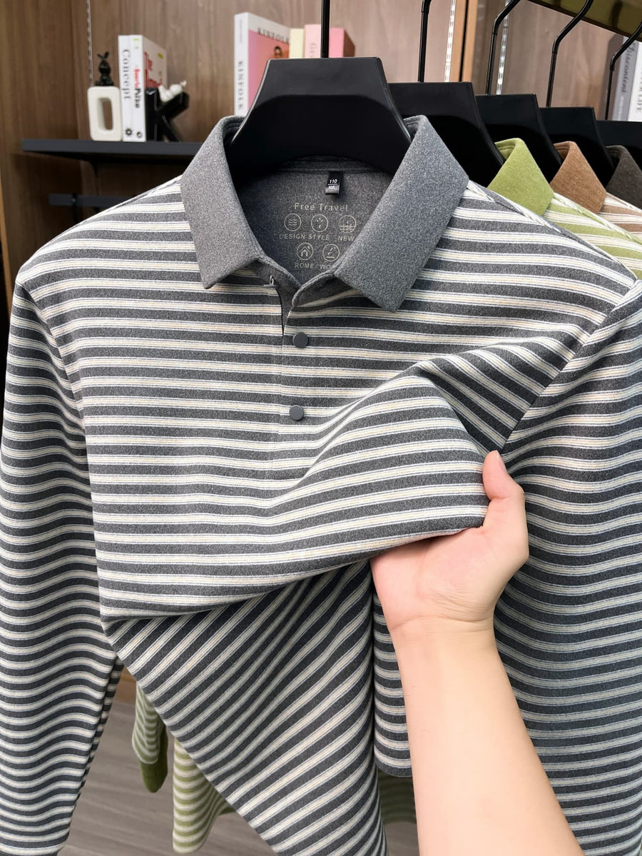 Men's Thin Striped Lapel Long Sleeve Polo Top, Wrinkle Free Loose Casual Long Sleeve T-Shirt, Business Basic Apparel for Middle-aged Dads, Spring Autumn Clothes for Golf, Fishing, Tennis Daily Wear - Light Grey