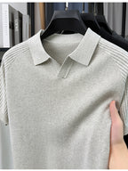 SaXing OBM Men's New Summer Style Polo Shirt, Old Money Style Textured Solid Color Ribbed Half-Placket Thin Breathable V-Neck Short Sleeve T-Shirt, Men's Fashionable Versatile Pullover Base Layer Top, Suitable for Summer Wear, Compatible with Daily - Beige gray