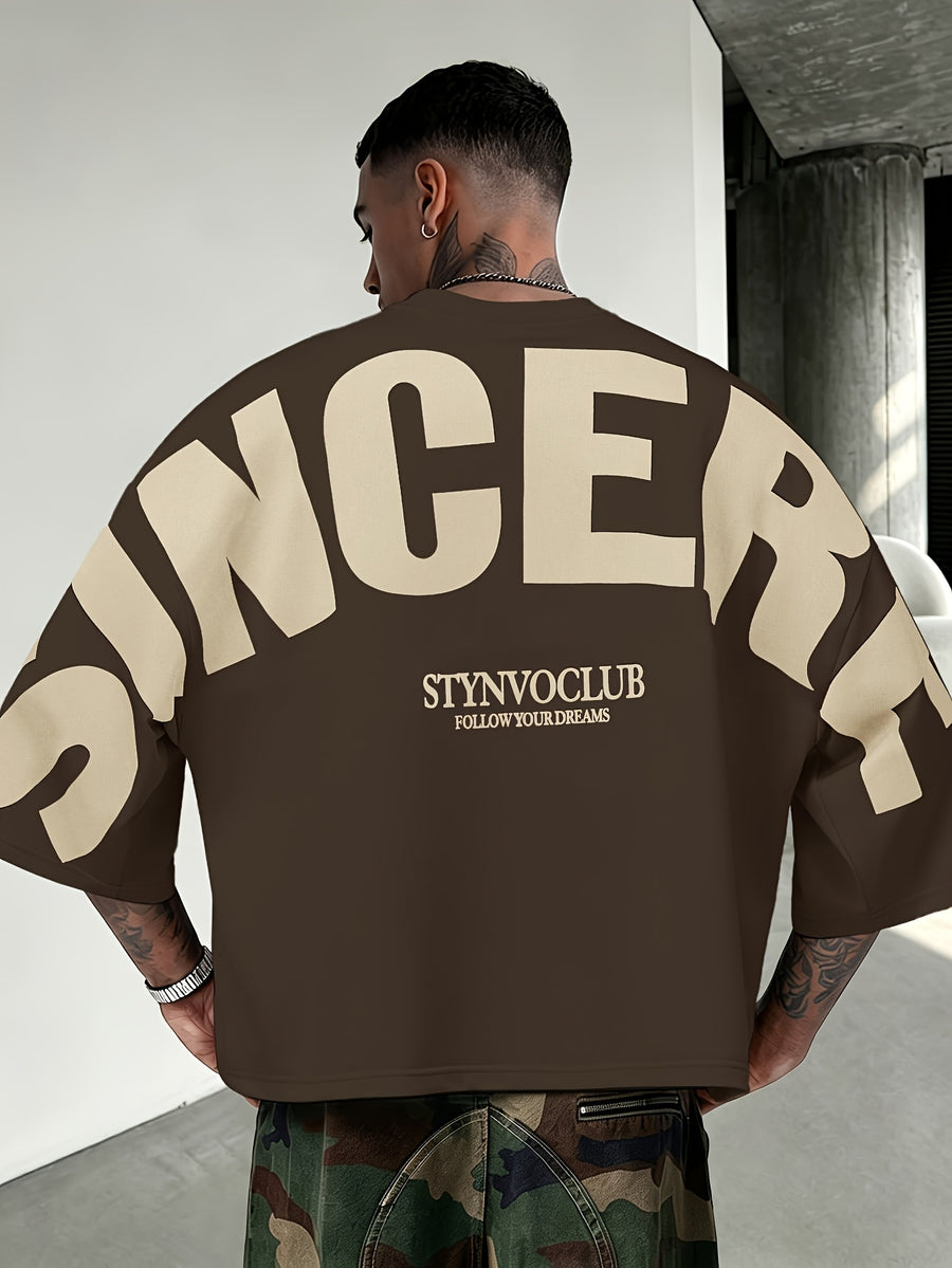 [Printed Design – Not Textured], Men's Drop-Shoulder Style, Men's Summer Fashion Letter Print Crew Neck T-Shirt, Streetwear Loose Fit, Cropped T-Shirt - Mixed Color 2