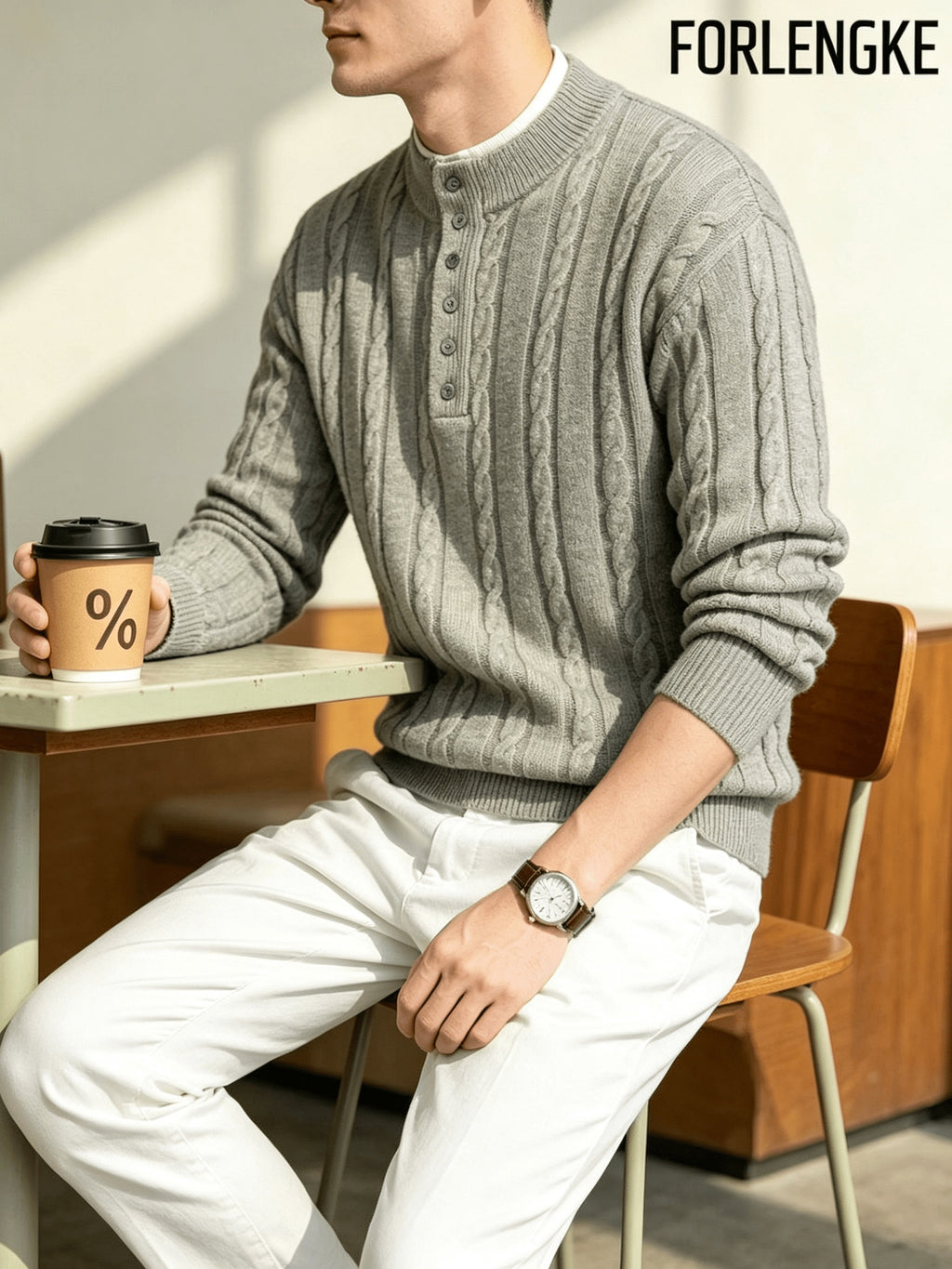 FORLENGKE Autumn and Winter Men's Henry Collar Cable Knit Sweater with a Vintage 3D Twist Texture, Half-High Neck Long Sleeve Pullover, Exquisite Half-Button Design, Perfect for Casual Layering or Wearing Alone for Everyday Outings or Dates - Apricot