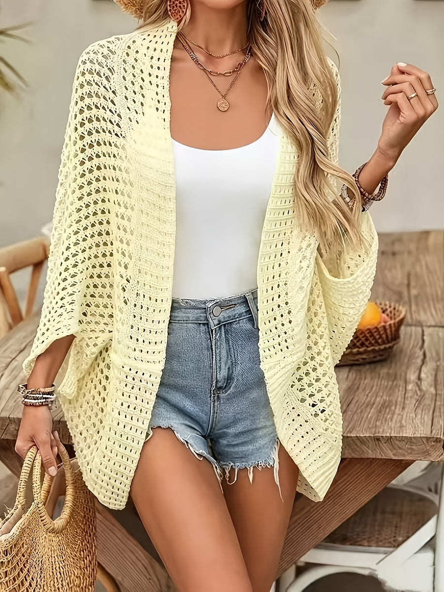 Elegant Spring and Summer Women's Cape Style Hollow Cardigan, Women's Vacation Beach Cardigan, Breathable Sweater Cover-Up - 【Light Yellow】
