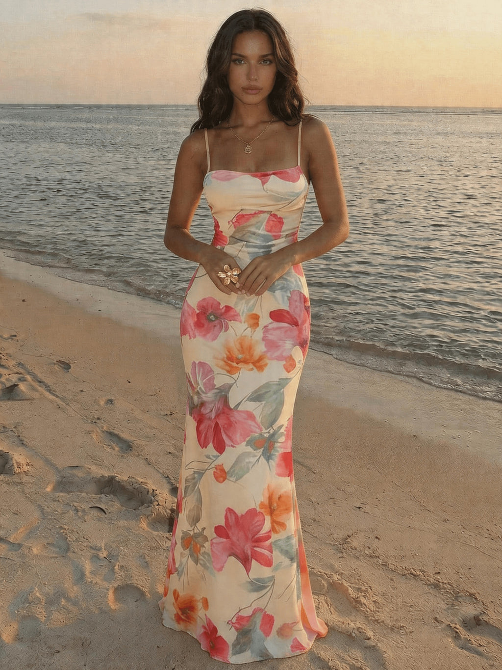 Women's Elegant Floral Print Backless Dress, Summer Outfit, Summer Clothing, Beach Set, Beach Vacation Set, Women's Bohemian Tropical Vacation, Women's Apparel, Tropical Vacation Women's Clothing, Wedding Anniversary, Bridesmaid Party Date - Multicolor