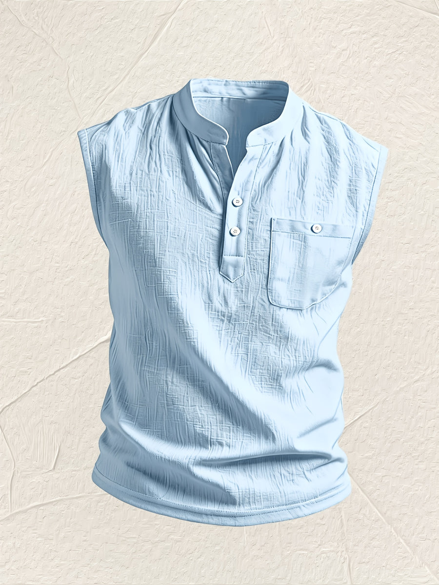 Men's Fashionable Casual Lightweight Breathable Sleeveless Henley Shirt - Summer Casual and Business Casual Vest - with Button- Collar - Suitable for Outdoor Activities, Beach, and Seaside - Regular Fit Men's Apparel Gift - Light Blue