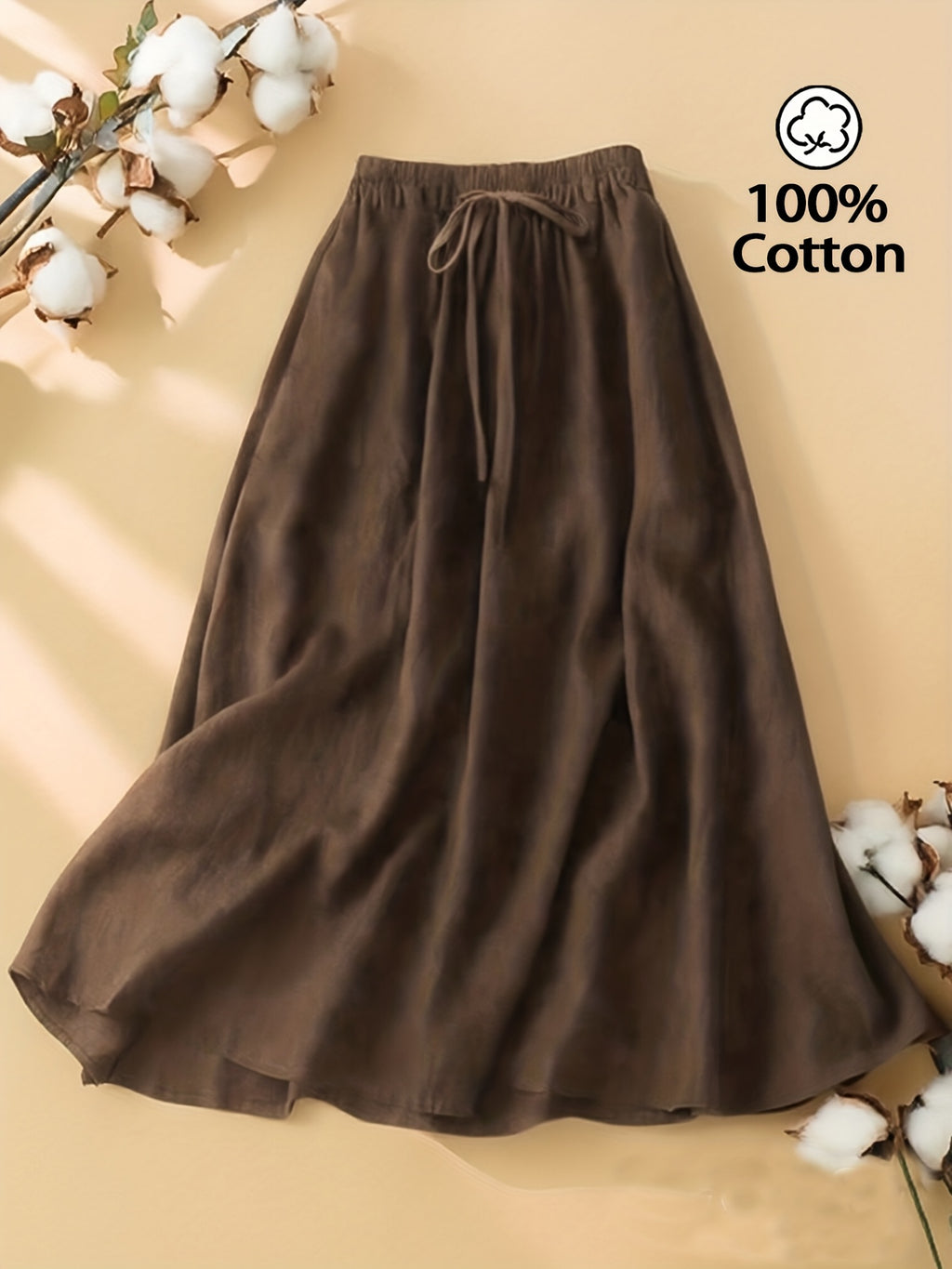 Women'S Solid Color Elegant Style Tie Skirt, Women'S Artistic Style Mid-Length Elastic Waist Skirt, Women'S Casual Solid Color Pure Comfortable Skirt with Invisible Pockets, Suitable for Daily Leisure, Commuting, Beach Vacation Wear - Brown