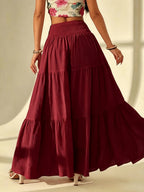 Bohemian Tiered Maxi Skirt, High-Waist Smocked A-Line Flowy Long Skirt, Casual Loose Pleated Solid Color Skirt for Beach Vacation Daily Wear, Women'S Fashion - Red
