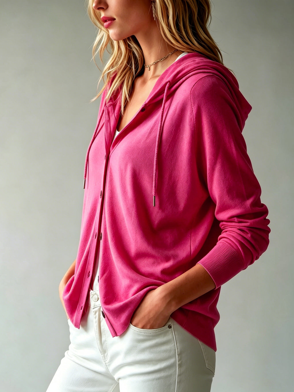 Lyocell Tencel Women'S Sweater Cardigan Hooded Cardigan Women'S Spring Autumn Winter Style Long Sleeve Button Loose Coat, Western Style Casual Temperament Top, Drawstring Hood Design, Daily Commute Outing Versatile Outerwear Elegant - Rose Red