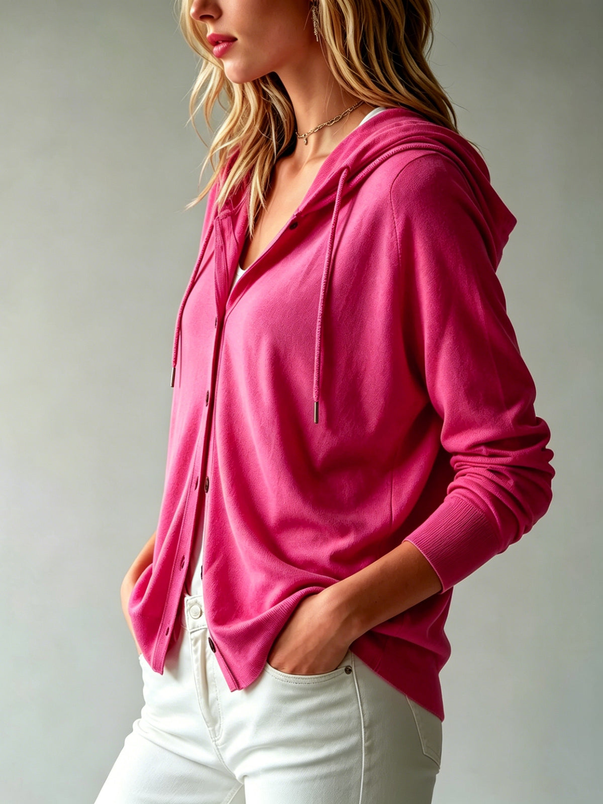 Lyocell Tencel Women'S Sweater Cardigan Hooded Cardigan Women'S Spring Autumn Winter Style Long Sleeve Button Loose Coat, Western Style Casual Temperament Top, Drawstring Hood Design, Daily Commute Outing Versatile Outerwear Elegant - Rose Red