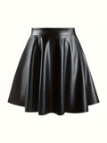 52315# Autumn And Winter Faux Leather Skirt High Waist Pleated Skirt - Black
