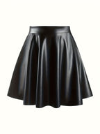 52315# Autumn And Winter Faux Leather Skirt High Waist Pleated Skirt - Black