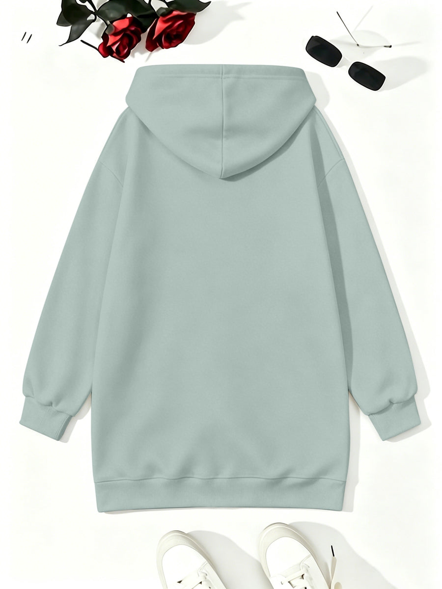 Loose-fit Mid-length Cardigan Hooded Sweatshirt with Letter Print - Light Green