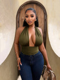 Women's Sexy V-Neck Waist-Cinching Halter Top - Dark Green