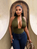 Women's Sexy V-Neck Waist-Cinching Halter Top - Dark Green