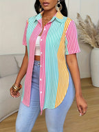 Elegant Striped Print Versatile Shirt - Polychrome