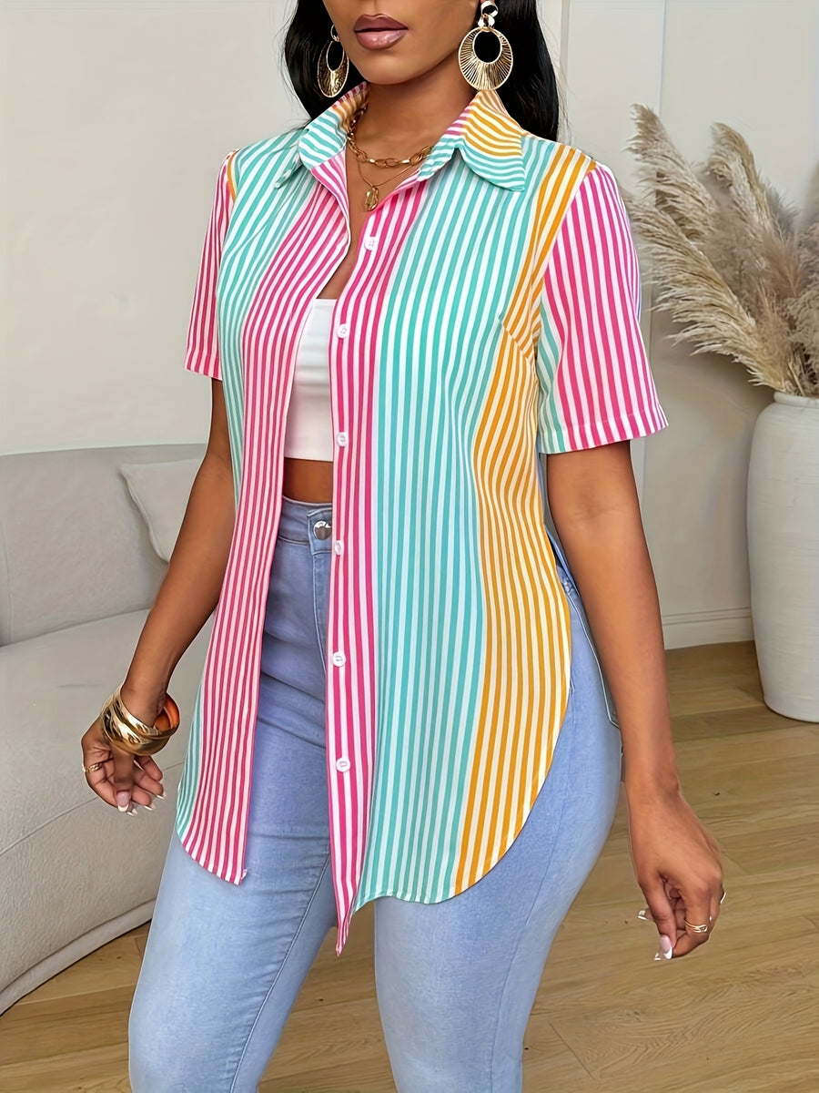Elegant Striped Print Versatile Shirt - Polychrome
