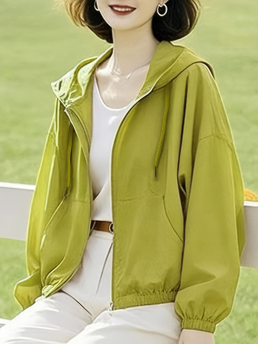 New Short Hooded Spring/Autumn Lightweight Loose-Fit Jacket Top for Petite Women - Yellow-green